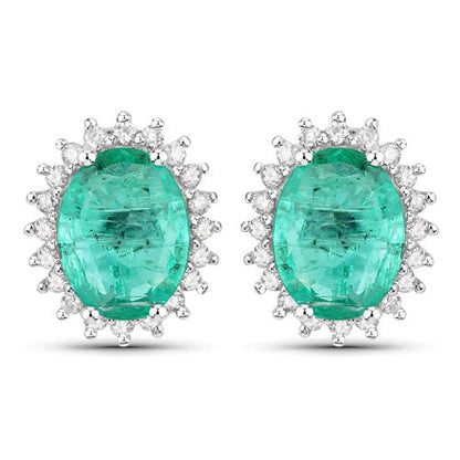 Pendientes de oro blanco de 14 quilates con esmeralda zambiana auténtica de 2,66 quilates y diamantes blancos