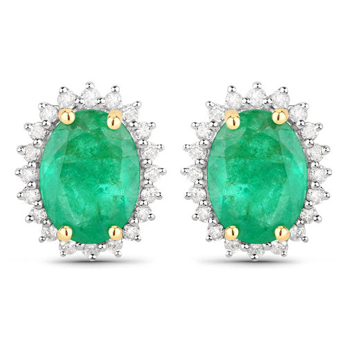 Pendientes de oro amarillo de 14 quilates con esmeralda zambiana auténtica de 2,66 quilates y diamantes blancos