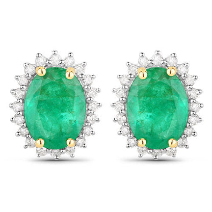 Pendientes de oro amarillo de 14 quilates con esmeralda zambiana auténtica de 2,66 quilates y diamantes blancos