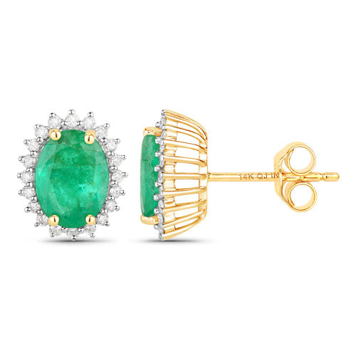 Pendientes de oro amarillo de 14 quilates con esmeralda zambiana auténtica de 2,66 quilates y diamantes blancos