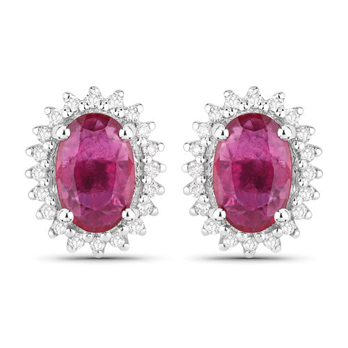 Pendientes de oro blanco de 14 quilates con rubí auténtico de 1,16 quilates y diamantes blancos