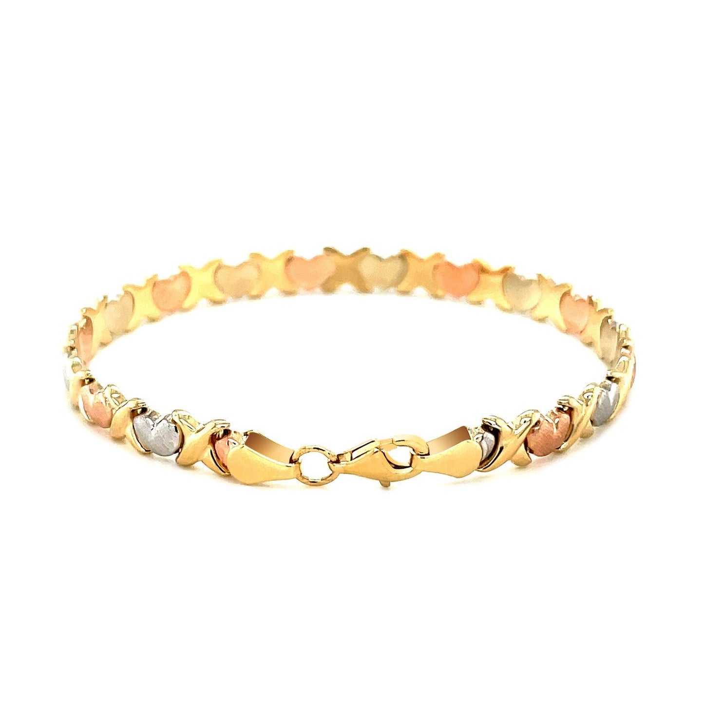 Pulsera de línea de corazones elegante satinada de oro tricolor de 14k