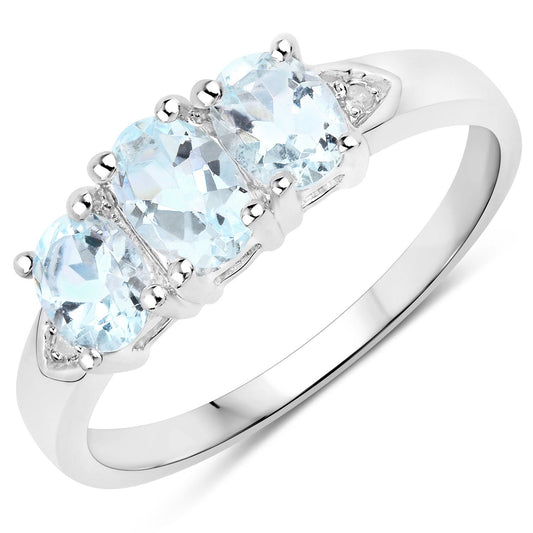 Anillo de plata de ley .925 con aguamarina auténtica de 0.95 quilates y diamantes blancos