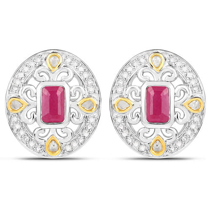 Pendientes de plata de ley .925 con rubí auténtico de 0.77 quilates y diamantes blancos