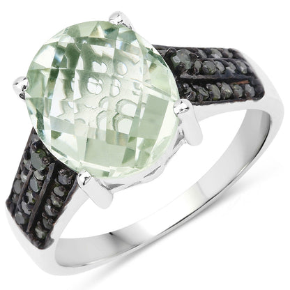 Anillo de plata de ley .925 con amatista verde genuina de 4.26 quilates y diamantes verdes