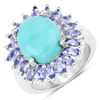 Anillo de plata de ley .925 con larimar y tanzanita genuinos de 6.10 quilates