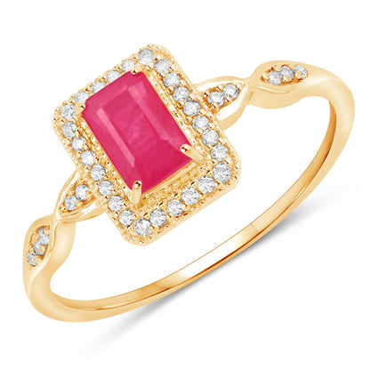 Anillo de oro amarillo de 14 quilates con rubí genuino de 0,75 quilates y diamantes blancos