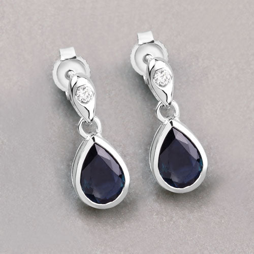 Pendientes de oro blanco de 10 quilates con zafiro azul auténtico de 1,65 quilates y diamantes blancos
