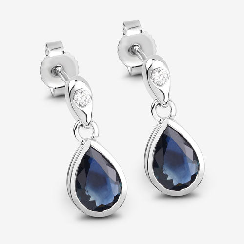 Pendientes de oro blanco de 10 quilates con zafiro azul auténtico de 1,65 quilates y diamantes blancos