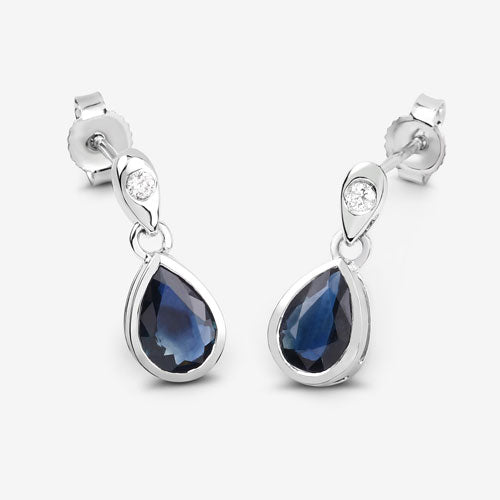 Pendientes de oro blanco de 10 quilates con zafiro azul auténtico de 1,65 quilates y diamantes blancos
