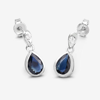 Pendientes de oro blanco de 10 quilates con zafiro azul auténtico de 1,65 quilates y diamantes blancos