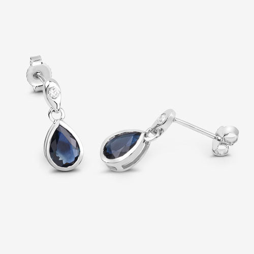 Pendientes de oro blanco de 10 quilates con zafiro azul auténtico de 1,65 quilates y diamantes blancos