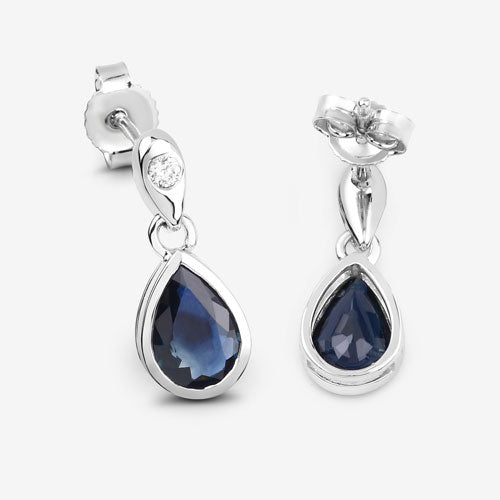 Pendientes de oro blanco de 10 quilates con zafiro azul auténtico de 1,65 quilates y diamantes blancos