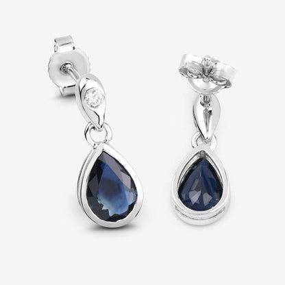Pendientes de oro blanco de 10 quilates con zafiro azul auténtico de 1,65 quilates y diamantes blancos