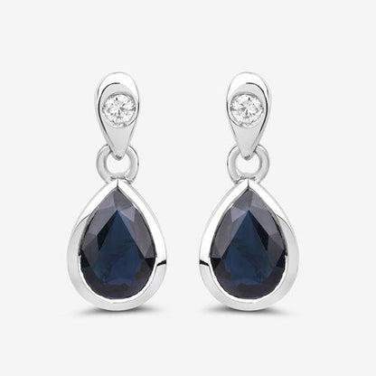 Pendientes de oro blanco de 10 quilates con zafiro azul auténtico de 1,65 quilates y diamantes blancos