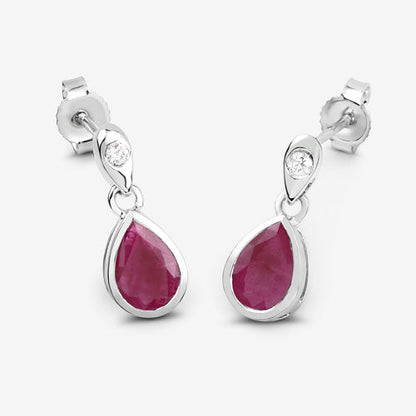 Pendientes de oro blanco de 10 quilates con rubí genuino de 1,65 quilates y diamantes blancos