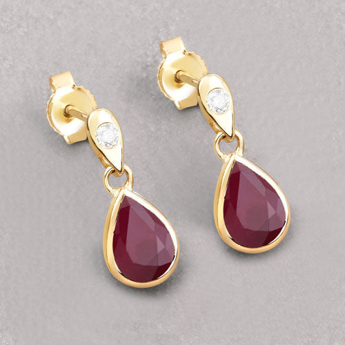 Pendientes de oro amarillo de 10K con rubí genuino de 1.65 quilates y diamantes blancos