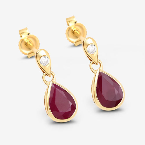 Pendientes de oro amarillo de 10K con rubí genuino de 1.65 quilates y diamantes blancos