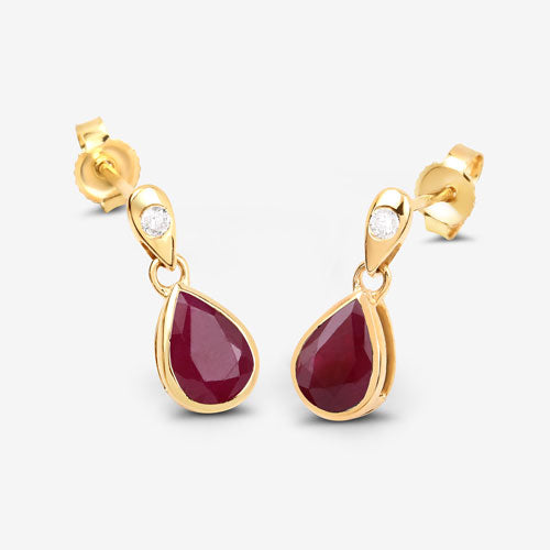 Pendientes de oro amarillo de 10K con rubí genuino de 1.65 quilates y diamantes blancos