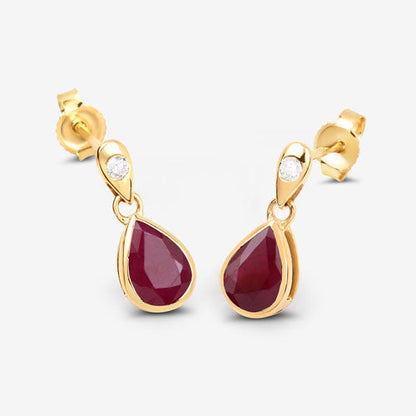Pendientes de oro amarillo de 10K con rubí genuino de 1.65 quilates y diamantes blancos