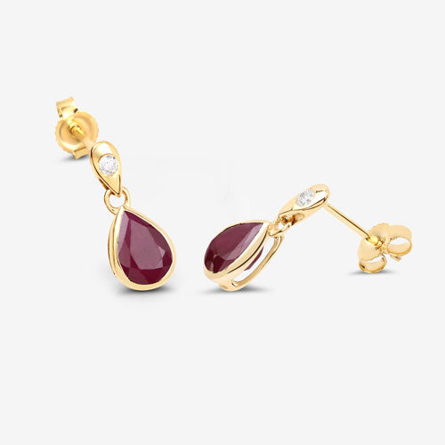 Pendientes de oro amarillo de 10K con rubí genuino de 1.65 quilates y diamantes blancos
