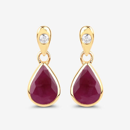 Pendientes de oro amarillo de 10K con rubí genuino de 1.65 quilates y diamantes blancos