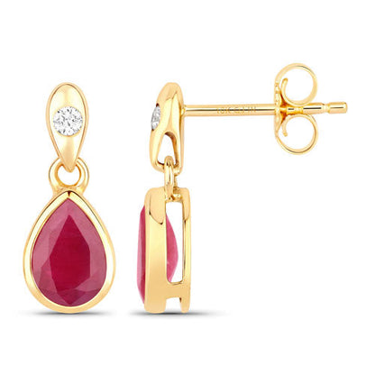 Pendientes de oro amarillo de 10K con rubí genuino de 1.65 quilates y diamantes blancos