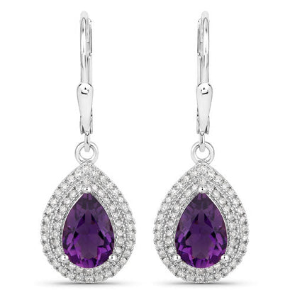 Aretes de amatista genuina de 2,77 quilates y diamantes blancos en plata de ley .925