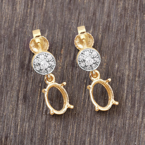 Pendientes con montura semiacabada de oro amarillo de 14 quilates con diamantes blancos genuinos de 0,11 quilates - capacidad para gemas ovaladas de 7x5 mm