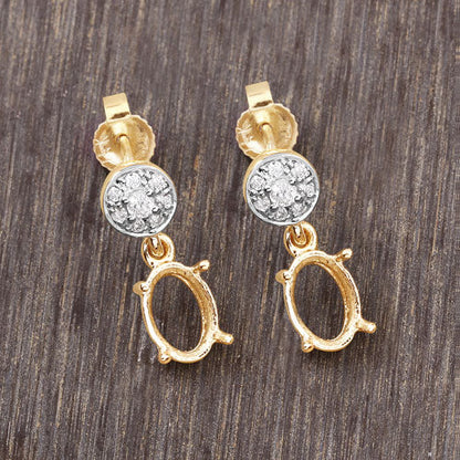 Pendientes con montura semiacabada de oro amarillo de 14 quilates con diamantes blancos genuinos de 0,11 quilates - capacidad para gemas ovaladas de 7x5 mm