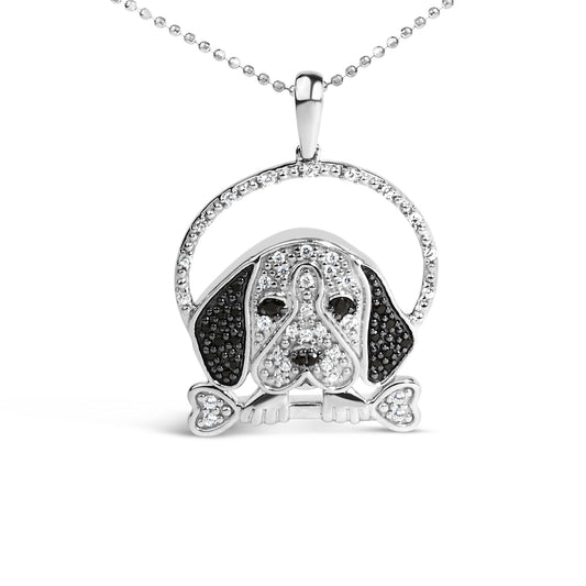 Collar con colgante de perro beagle y hueso con diamantes blancos y negros de plata de ley .925 de 1/4 qt (color I-J, claridad I2-I3) - 45.7 cm