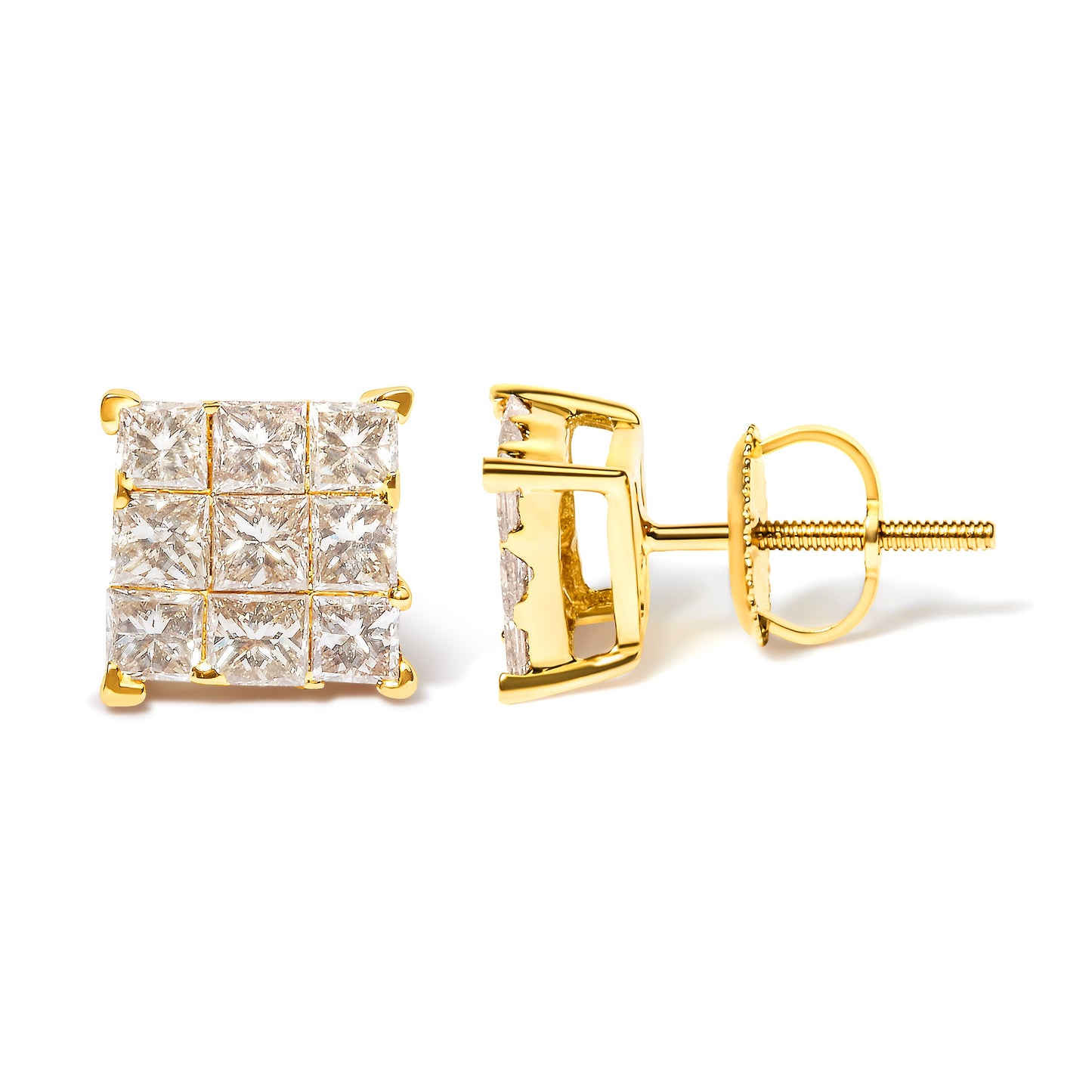 Pendientes de botón cuadrados de 9 piedras de oro amarillo de 14 quilates con diamantes talla princesa de 1 1/2 quilates en engaste invisible (color J-K, claridad SI2-I1)