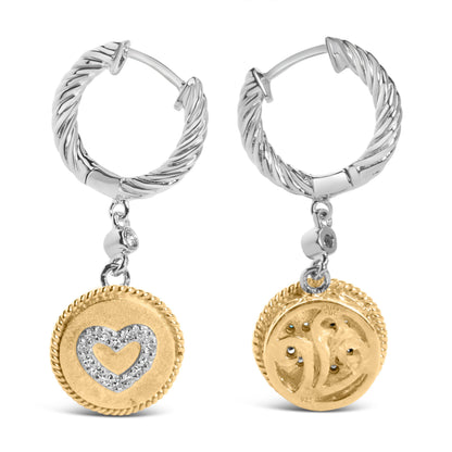 Pendientes colgantes y pendientes colgantes de corazón de medallón de diamante de 1/8 Cttw de plata de ley 925 chapados en oro amarillo de 18 quilates (Color I-J, Claridad SI1-SI2)