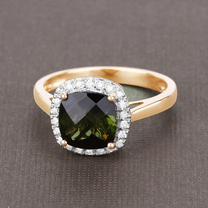 Anillo de 14K Oro Amarillo con Turmalina Verde Genuina de 2.64 Quilates y Diamantes Blancos