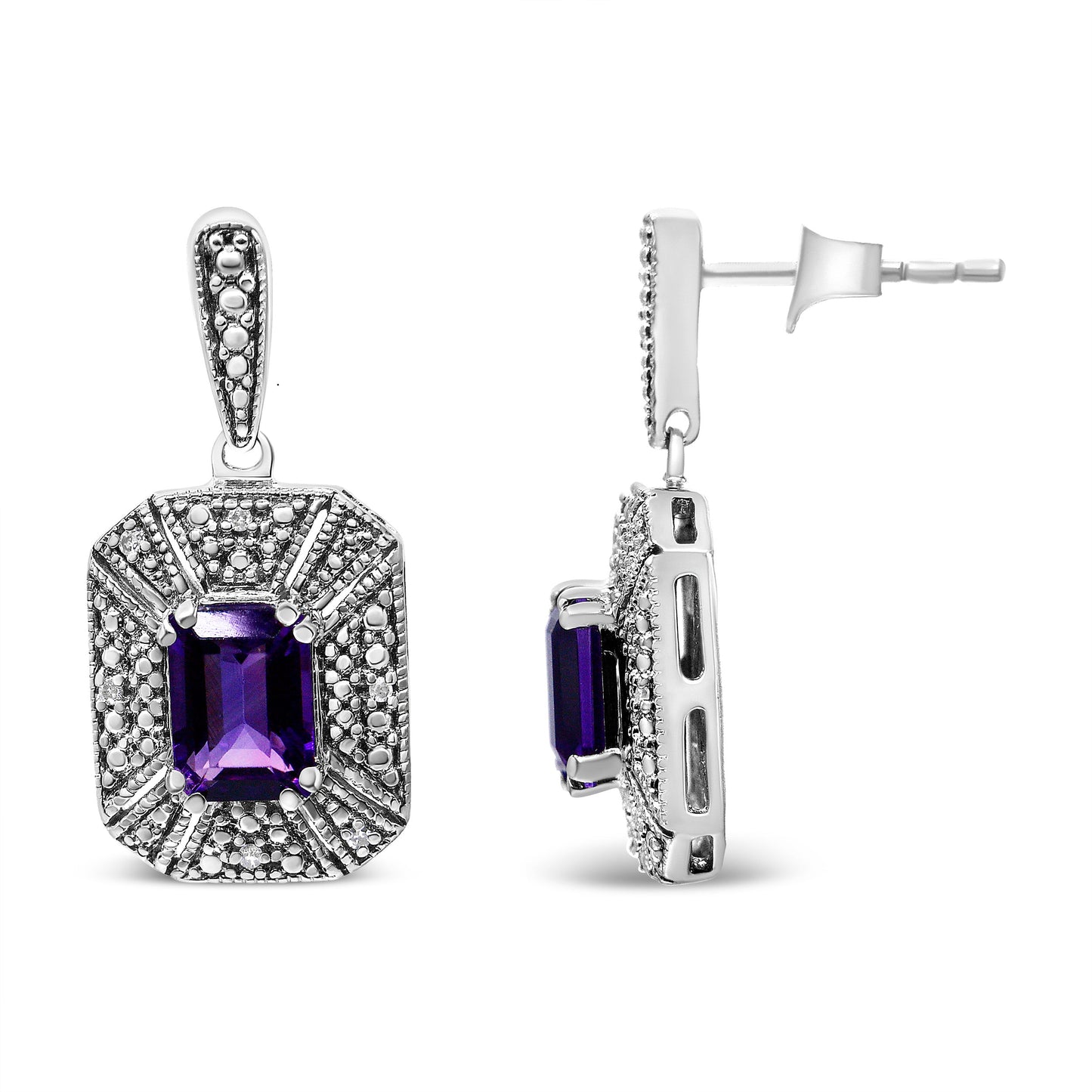 Pendientes de tuerca de plata de ley .925 con detalles de diamante y amatista morada de 7x5 mm (color I-J, claridad I2-I3)