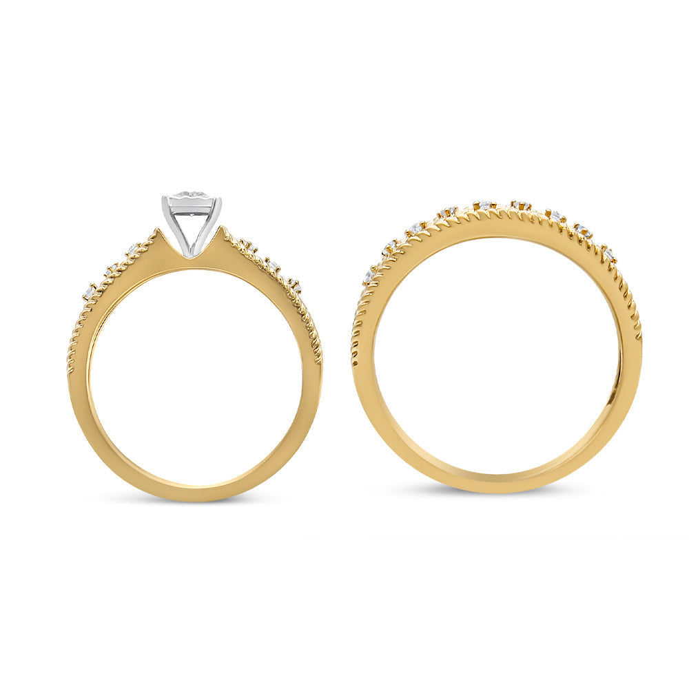 Conjunto de anillo de compromiso y boda de estilo art déco con diamantes de 0,20 quilates en total en plata de ley 925 bañada en oro amarillo de 14 quilates (color I-J, claridad I3) - Talla 7