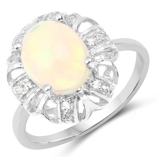 Anillo de plata de ley .925 con ópalo etíope auténtico de 1,73 quilates y topacio blanco