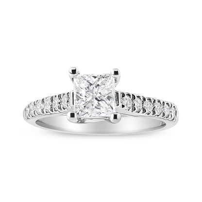 Anillo de compromiso clásico con diamante princesa engastado en 4 puntas de oro blanco de 14 quilates, 1 1/5 quilates (color I1-I2, claridad H-I), talla 7