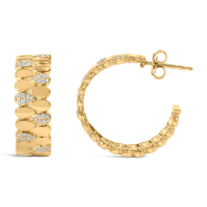 Pendientes de aro tipo J de eslabones de pera de pavé de diamantes de 3/8 Cttw en plata de ley .925 chapada en oro amarillo de 14K (color H-I, claridad I1-I2)