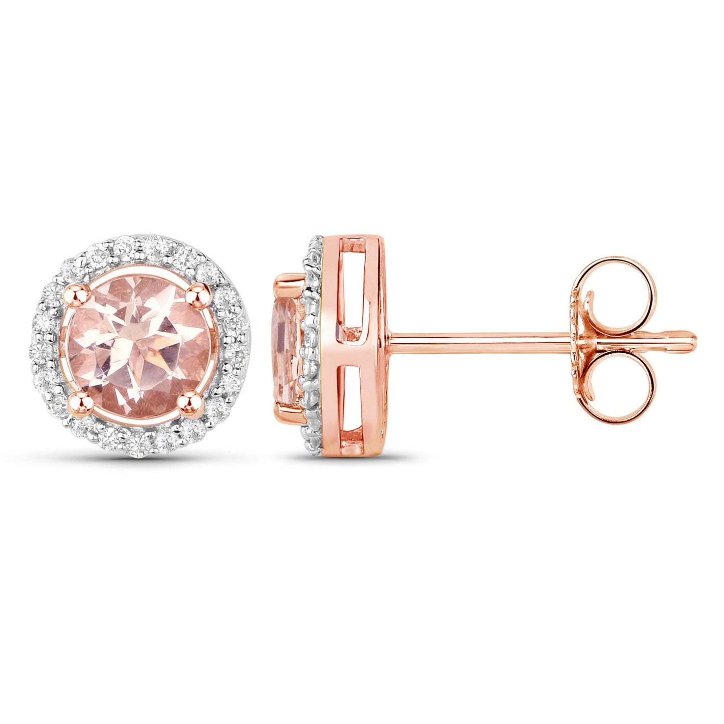 Pendientes de oro rosa de 14 quilates con morganita auténtica de 0,93 quilates y diamantes blancos