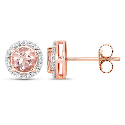Pendientes de oro rosa de 14 quilates con morganita auténtica de 0,93 quilates y diamantes blancos