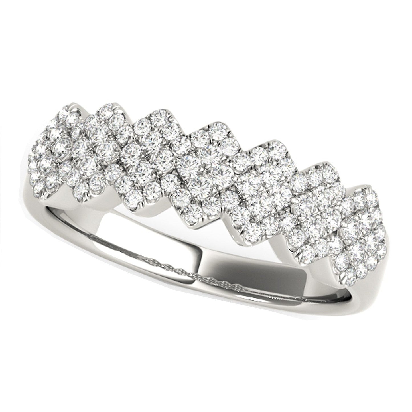 Anillo ancho con patrón multidiaogonal y diamantes en oro blanco de 14k (5/8 qt)