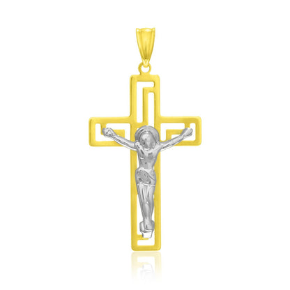 Colgante de cruz de oro bicolor de 14k con figura