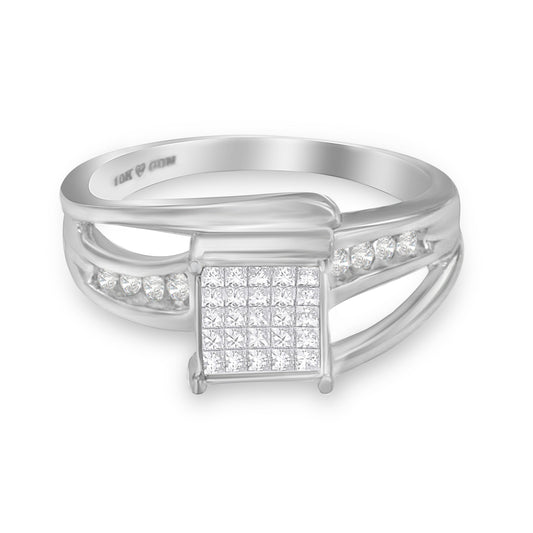 Anillo de oro blanco de 10K con diamante en talla princesa engastado invisible, de 1/3 Cttw (color H-I, claridad SI1-SI2) - Talla 7