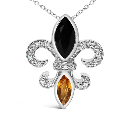 Colgante de flor de lis de plata de ley .925 con ónix, citrino y acento de diamante (Color H-I, Claridad SI1-SI2) - 18"