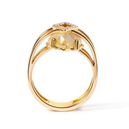 Anillo de cóctel llamativo de oro amarillo de 14 quilates de 15x15 MM con topacio amarillo talla marquesa y detalles de diamantes (color G-H, claridad SI1-SI2)