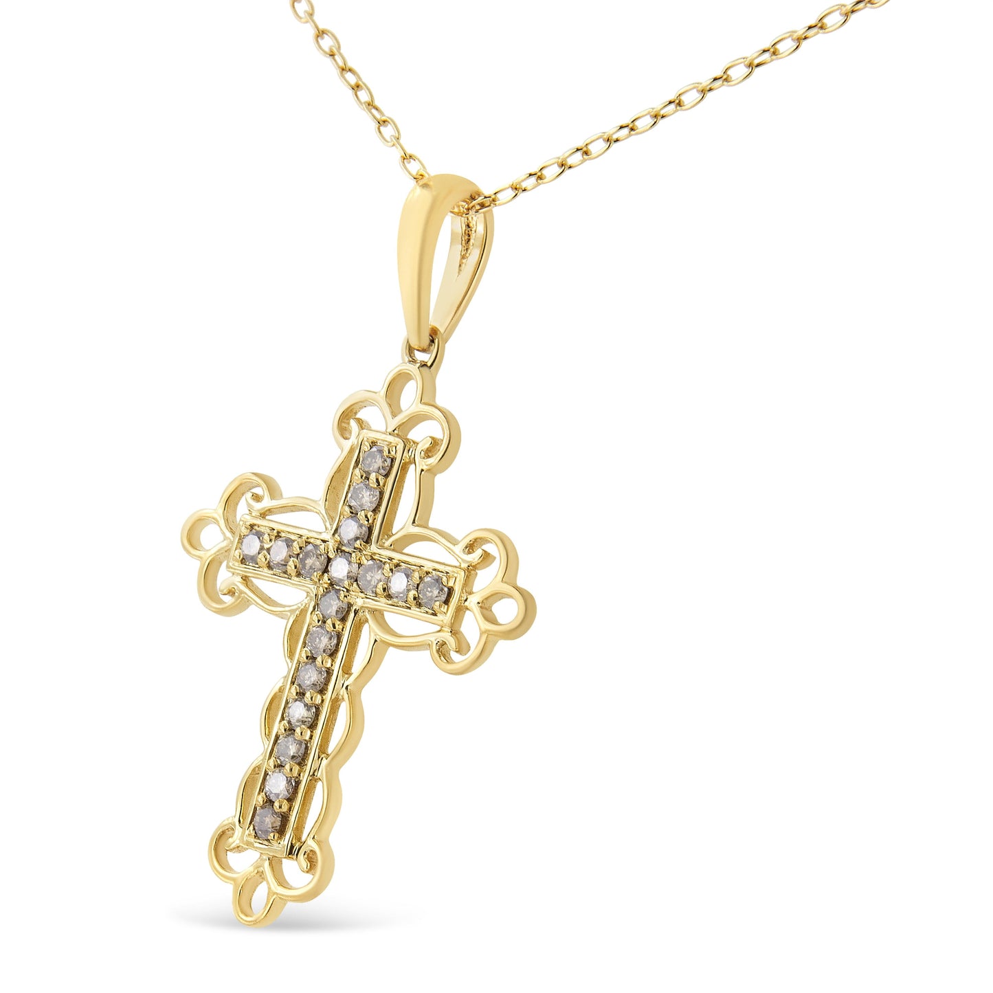 Collar con colgante de cruz de filigrana con diamantes de color champán de 1/4 Cttw (color K-L, claridad I1-I2) de plata de ley .925 con baño de oro amarillo de 10K - 18"