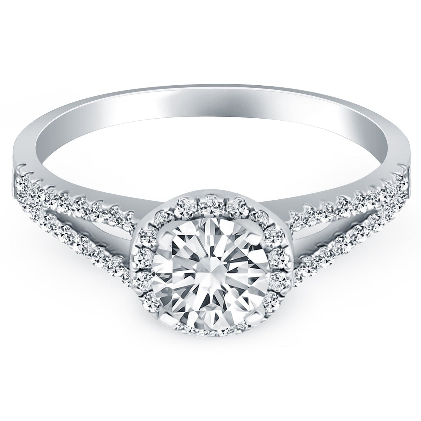 Anillo de compromiso de oro blanco de 14k con halo de diamantes y brazo dividido
