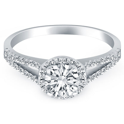 Anillo de compromiso de oro blanco de 14k con halo de diamantes y brazo dividido