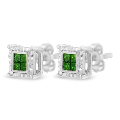 Pendientes de Plata de Ley con Diamantes de Princesa Tratados en Color (1/2 qt, Color Verde, Claridad I1-I2)